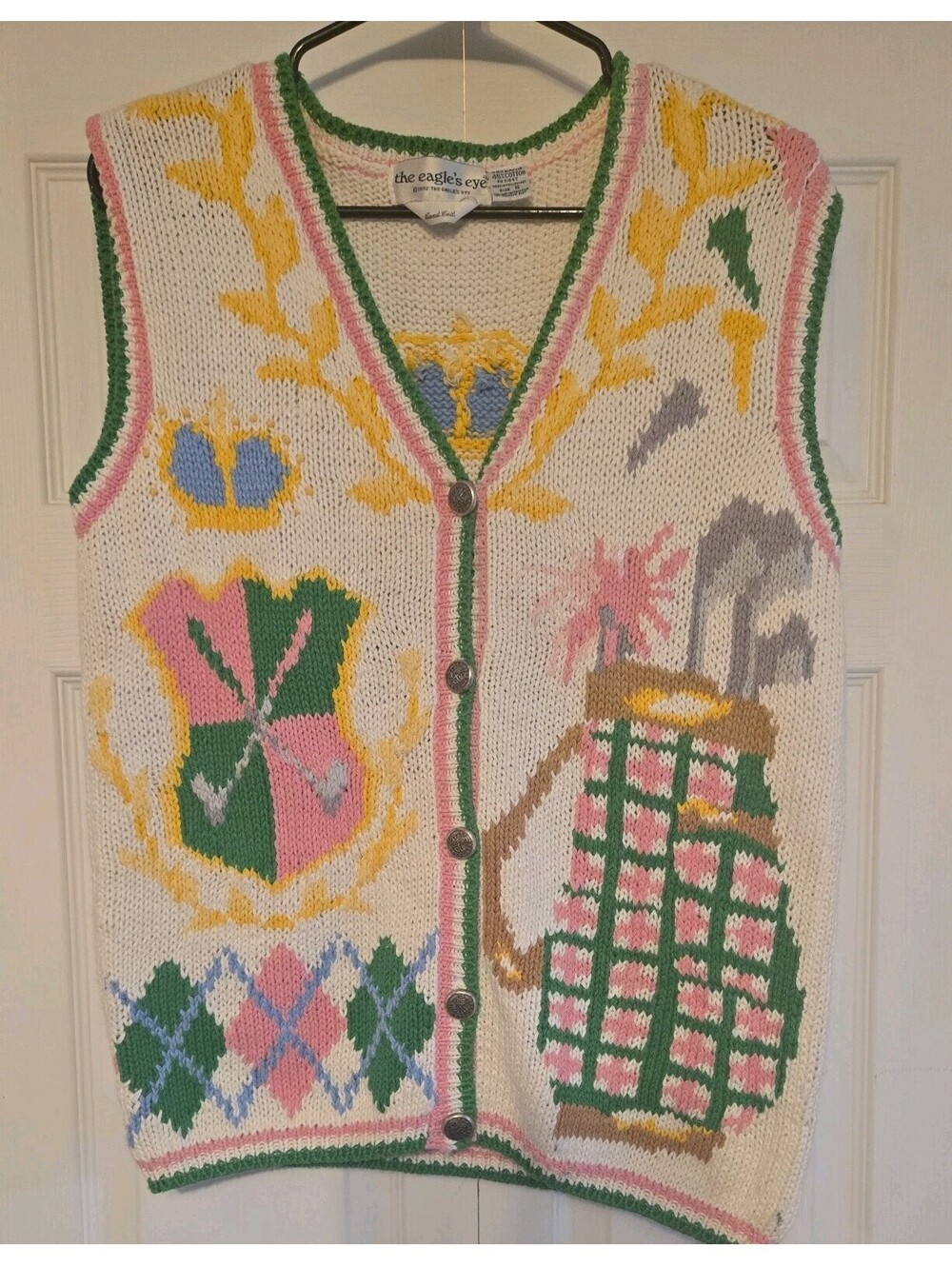 Vtg Eagles Eye Hand Knit Golf Sweater Vest Cardigan Womens Sz S Preppy Cotton